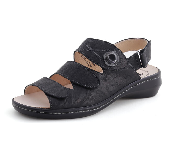 think sandaletten schwarz camilla sz 273-0000 fussbett: lederbezogene wechselbare kork-latex-bettung (pflanzlich gegerbt) leder pflanzlich  gegerbt 15 mm keil-absatz verstellbar durch 4 klett-verschl&uuml;sse