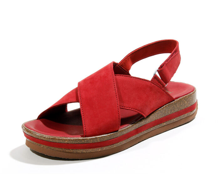 think sandaletten rot zega fire 206-5000 fussbett: weiche lederbezogene nicht wechselbare kork-latex-bettung (pflanzlich gegerbt) kalbsleder pflanzlich  gegerbt 5 mm höhenunterschied im fussbett neue plateau-sandalette mit kreuzbandage und verstellbarem fersenriemchen mit klettverschluss. klassich und problemlösend