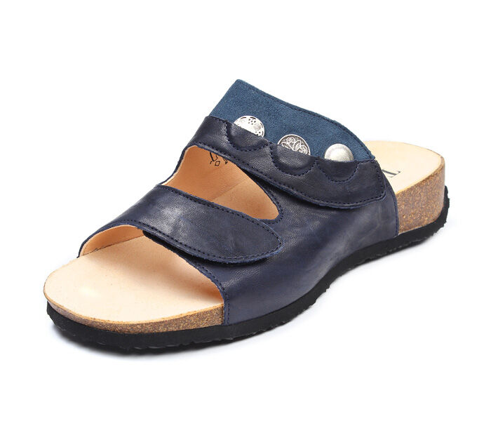 think pantoletten blau mizzi navy 202-8000 fussbett: lederbezogene nicht wechselbare kork-latex-bettung (pflanzlich gegerbt) leder pflanzlich  gegerbt 20 mm keil-absatz verstellbar durch 2 klettverschl&uuml;sse
