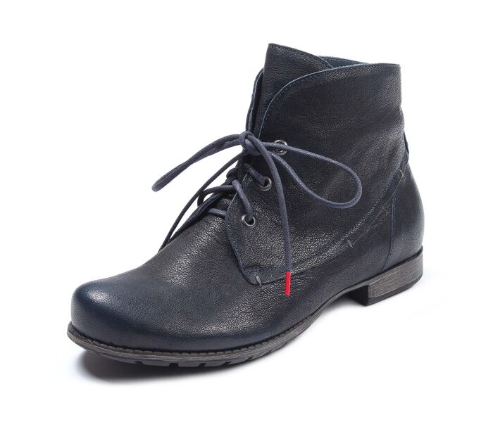 think booties blau denk navy 405-8000 lederbezogene kork-latex-bettung - vegetabil gegerbt lederfutter - vegetabil gegerbt 10 mm absatz das warten hat sich gelohnt. es gibt ihn wieder: beliebter schnür-bootie mit funktionsschnürung. passt, wackelt nicht und hat luft. jedes jahr in neuen farben und ledern.schafthöhe ca. 12 cm