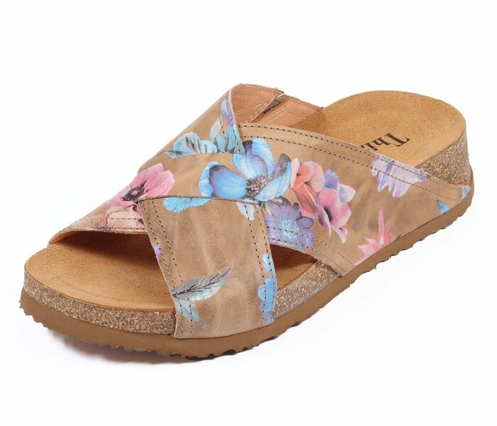 think pantoletten beige koak savana 537-9000 fussbett: lederbezogene nicht wechselbare kork-latex-bettung (pflanzlich gegerbt) mit auftrittsdämpfung kalbsleder pflanzlich  gegerbt - nicht gefärbt 20 mm keil-absatz in der bettung schlichte pantoletten mit funktionaler kreuzbandage und  kleinem gummizug an der innenseite für ideale passform