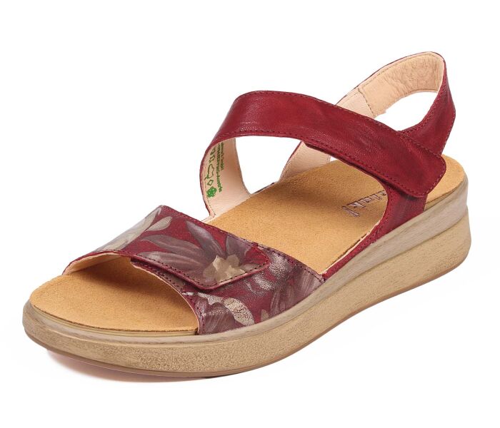 think sandaletten rot meggie cherry/kombi 586-5000 durch klett fixiertes, wechselbares geschäumtes pu-leder fußbett kalbsleder pflanzlich  gegerbt - farblich passend gefärbt 10 mm keilabsatz in der sohle attraktive sandalette mit 2 stabilen klettverschlüssen für sicheren halt. gute ballenabdeckung und tolles gehgefühl.