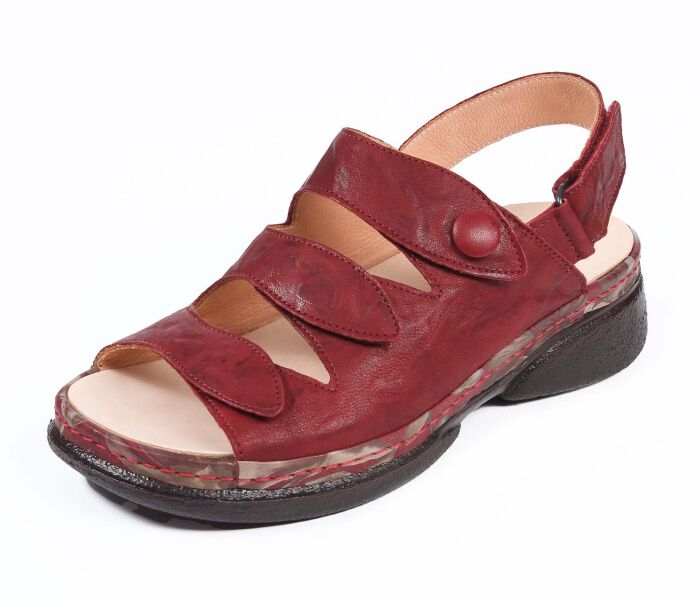 think sandaletten rot cambio cherry/kombi 587-5000 fussbett: lederbezogene wechselbare kork-latex-bettung (pflanzlich gegerbt) leder pflanzlich  gegerbt 15 mm keil-absatz beliebt und bew&auml;hrte sandalette mit 4 klettverschl&uuml;sssen
