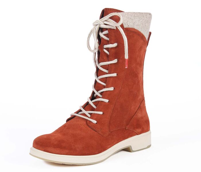 think stiefel rot cogita mattone-kombi 612-5000 fussbett: lodenbezogene wechselbare kork-latex-bettung (pflanzlich gegerbt) echter heller walkloden von steiner 1888 aus österreich 15 mm absatz für sicherem stand modisch dreiste worker-boots mit weiter funktionsschnürung und seitlichem reissverschluss. ganz einfacher einstieg, da die schnürung nach individueller anpassung nicht mehr verändert werden muss.schafthöhe ca. 21 cm