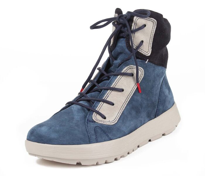 think boots blau comoda denim-kombi 429-8000 fussbett: lederbezogene wechselbare kork-latex-bettung (pflanzlich gegerbt) echter walkloden von steiner 1888 aus österreich 10 mm absatz in der keilsohle sportlich freundliche booties in feinem velourleder mit langer funktionsschnürung und seitlichem reissverschluss