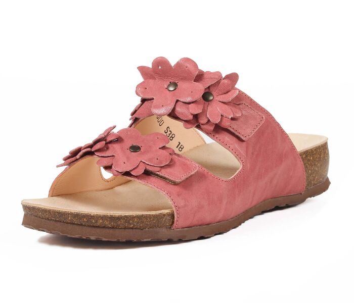think pantoletten rose julia candy 567-5000 fussbett: lederbezogene nicht wechselbare kork-latex-bettung (pflanzlich gegerbt) kalbsleder pflanzlich  gegerbt - nicht gefärbt 15 mm keil-absatz klassisch praktische pantoletten in attraktiver fertigung mit vielen feinen lederblüten, natürlich verstellbar durch 2 klettverschlüsse