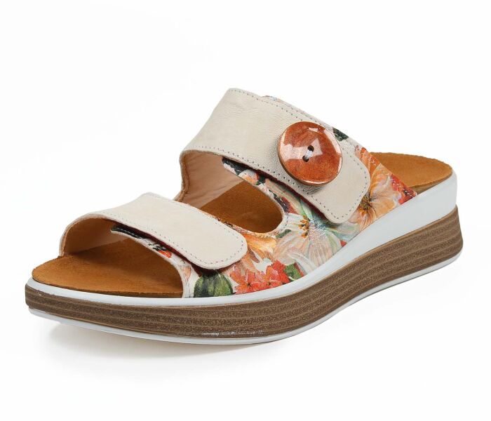 think pantoletten bunt meggie ivory/kombi 355-1000 durch klett fixiertes, wechselbares geschäumtes pu-leder fußbett kalbsleder pflanzlich  gegerbt - farblich passend gefärbt 10 mm keilabsatz in der sohle erfrischend freundliche pantolette mit idealer funktion. stabile klettverschlüsse für guten halt und beste ballenabdeckung. dekorativer schmuckknopf, aufwändig bedruckt am oberen riemen