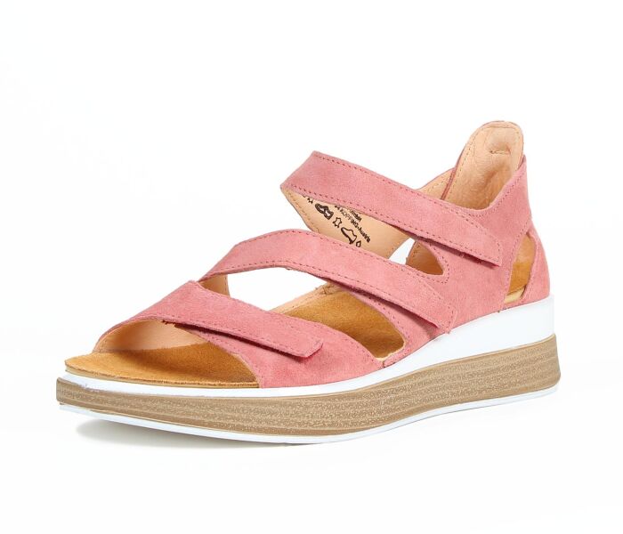 think sandaletten rosa meggie candy 795-5000 durch klett fixiertes, wechselbares gesch&auml;umtes pu-leder fu&szlig;bett kalbsleder pflanzlich  gegerbt - ungef&auml;rbt 10 mm keilabsatz in der sohle neue sandalette mit 3 zierlichen klett-riemchen und einer  geschlossenen fersenpartie