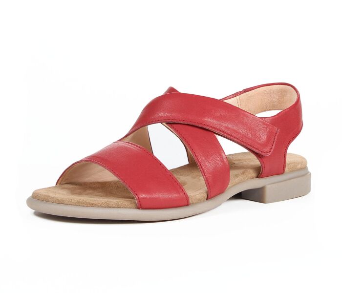 think sandaletten rot kamaa fire 776-5000 fest eingearbeites fussbett mit guter auftrittsd&auml;mpfung- nicht wechselbar kalbsleder pflanzlich  gegerbt - gef&auml;rbt 10 mm absatz extra leichte sommer-sandalette mit guter ballenabeckung und kreuzbandage mit 1 klett-riemchen. fersenriemchen mit kleinem gummizug an der innenseite.