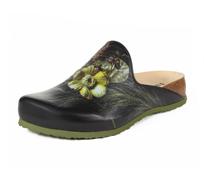 think clogs schwarz julia schwarz 832-9000 fussbett: lederbezogene nicht wechselbare kork-latex-bettung (pflanzlich gegerbt) kalbsleder pflanzlich  gegerbt - nicht gef&auml;rbt 15 mm keil-absatz sehr, sehr sch&ouml;ne clogs mit kleinem gummizug an der innenseite