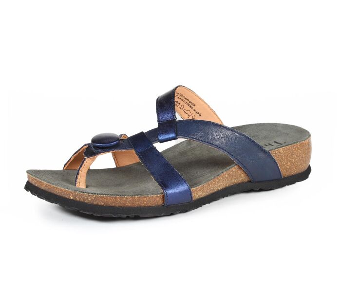 think zehengreifer blau julia navy/kombi 246-8020 fussbett: lederbezogene nicht wechselbare kork-latex-bettung (pflanzlich gegerbt) kalbsleder pflanzlich  gegerbt - nicht gef&auml;rbt 15 mm keil-absatz seit jahren bew&auml;hrter zehengreifer mit kleinem runden schmuckteil und den 2 ausreichend variablen riemchen f&uuml;r besten halt und guten sitz