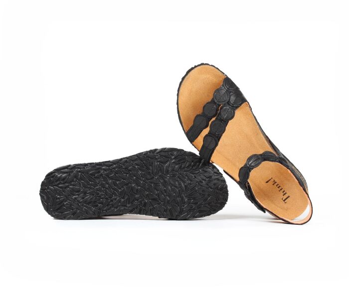 think sandalette schwarz koak schwarz 322-0020 fussbett: lederbezogene nicht wechselbare kork-latex-bettung (pflanzlich gegerbt) mit auftrittsdämpfung kalbsleder pflanzlich  gegerbt - nicht gefärbt 20 mm keil-absatz in der bettung sehr funktionelle sandaletten mit 3 klettverschlüssen für besten sitz. die mit runden lederapplikationen besetzten riemchen geben individuellen halt und wirken optisch schmäler.