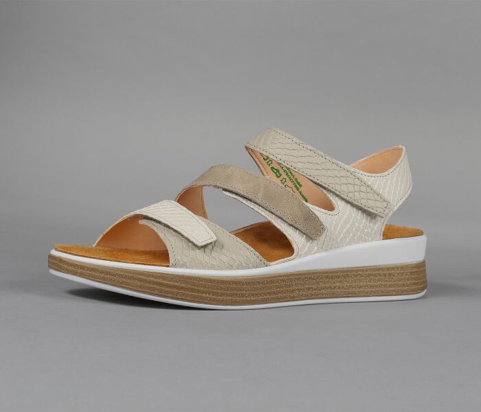 think sandaletten beige meggie bianco/kombi 585-1000 durch klett fixiertes, wechselbares gesch&auml;umtes pu-leder fu&szlig;bett leder pflanzlich  gegerbt 10 mm keilabsatz in der sohle leicht und zierliche sandalette mit bester ballenabdeckung. 3 klettverschl&uuml;sse geben halt und perfekten sitz.