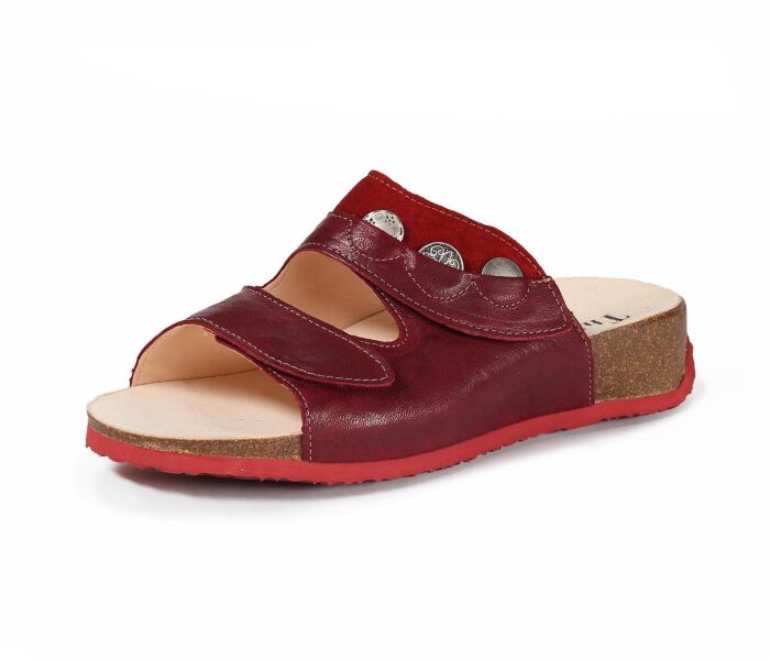 think pantoletten rot mizzi rosso/kombi 202-5000 fussbett: lederbezogene nicht wechselbare kork-latex-bettung (pflanzlich gegerbt) leder pflanzlich  gegerbt 20 mm keil-absatz verstellbar durch 2 klettverschlüsse
